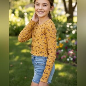 Kenzie girl yellow floral ribbed long sleeve button down crop top